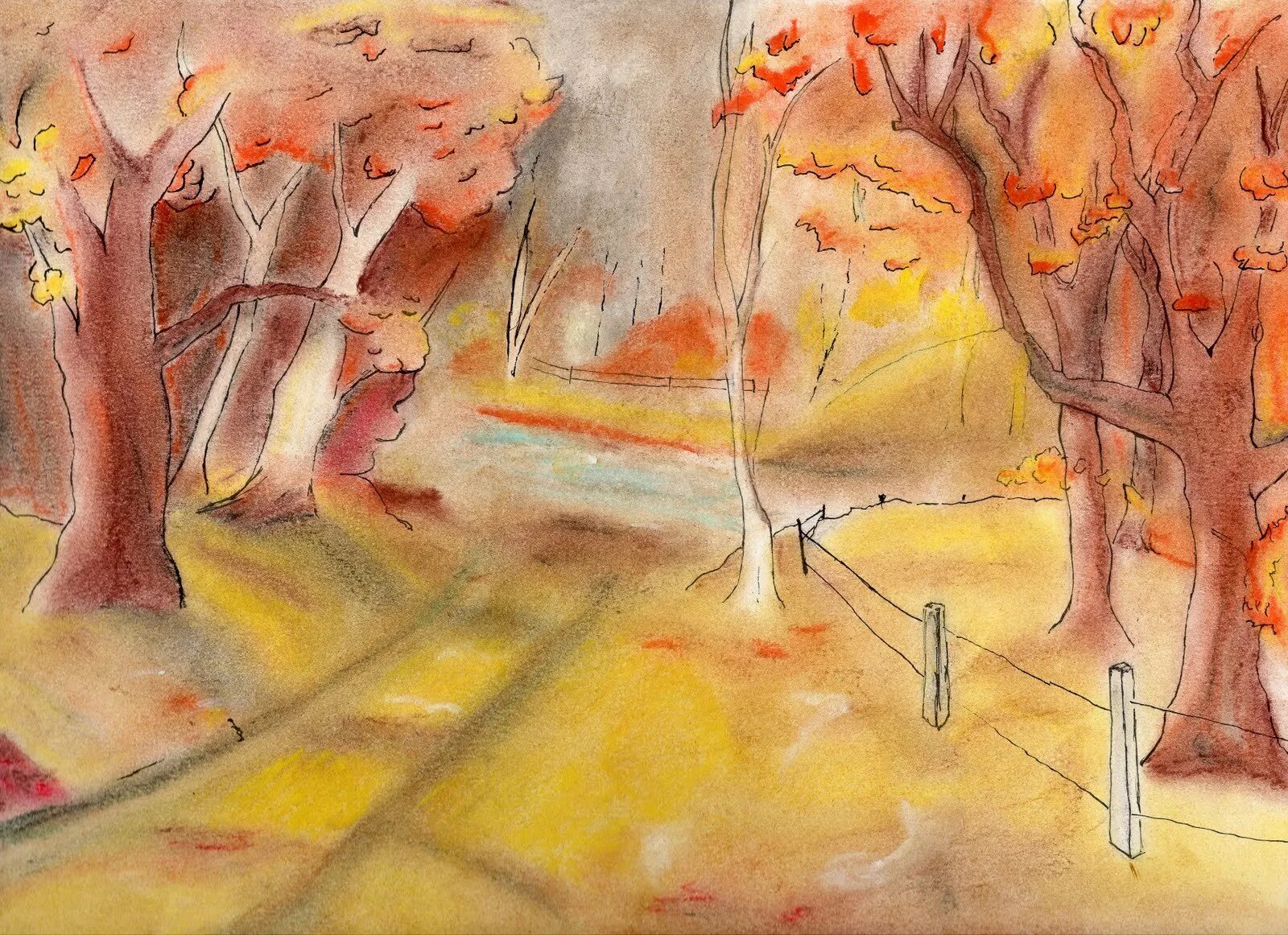 Осень картинки пошагово. Осень карандашом. Рисунок осень карандашом. Осенний пейзаж карандашом. Осень цветными карандашами.