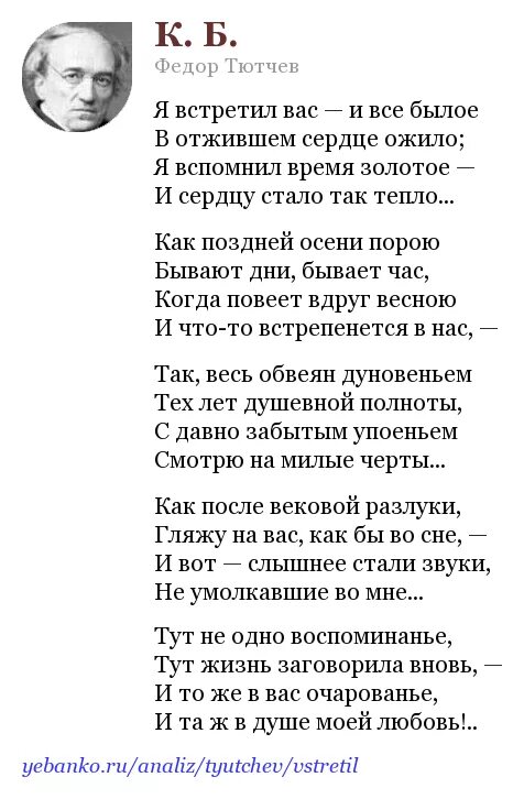 Ф тютчева к б. Тютчев КБ стихотворение. Тютчев стихотворение к.б. Ф. Тютчева «я встретил вас — и все былое…».