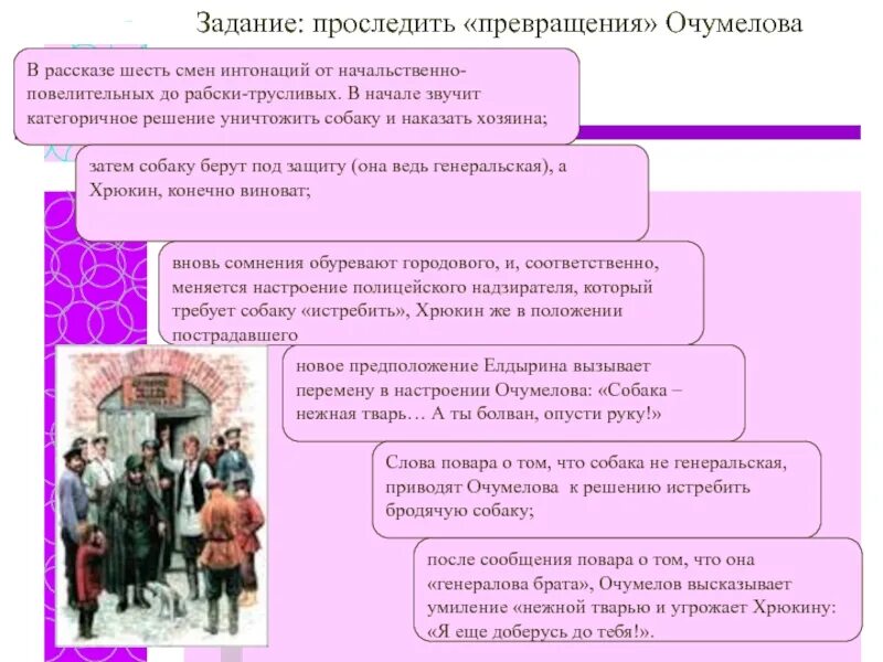 Речь в рассказе хамелеон. Превращение Очумелова. Характеристика Очумелова. Характеристика героя Очумелова. Превращение Очумелова примеры.