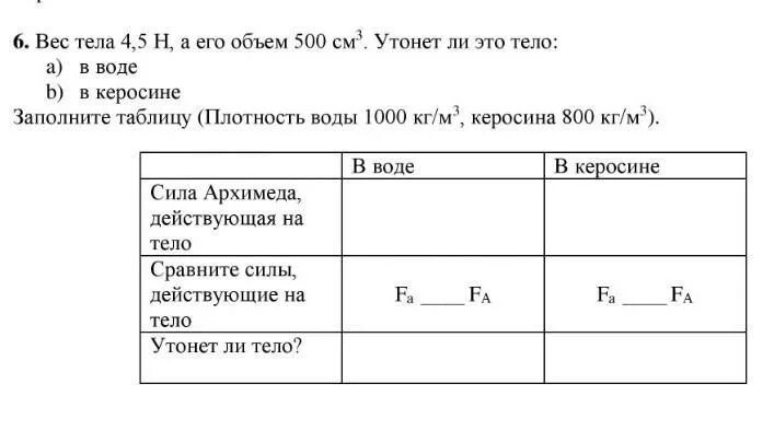 Заполните таблицу плотность воды