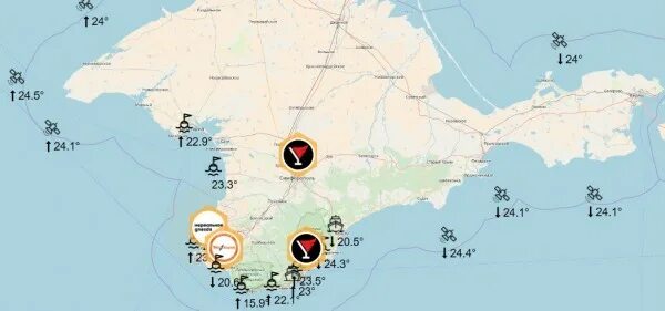 Вода в черном море температура сегодня крым. Карта температур Крыма. Температурная карта Крыма. Температура воды в Крыму. Карта теплой воды в Крыму.