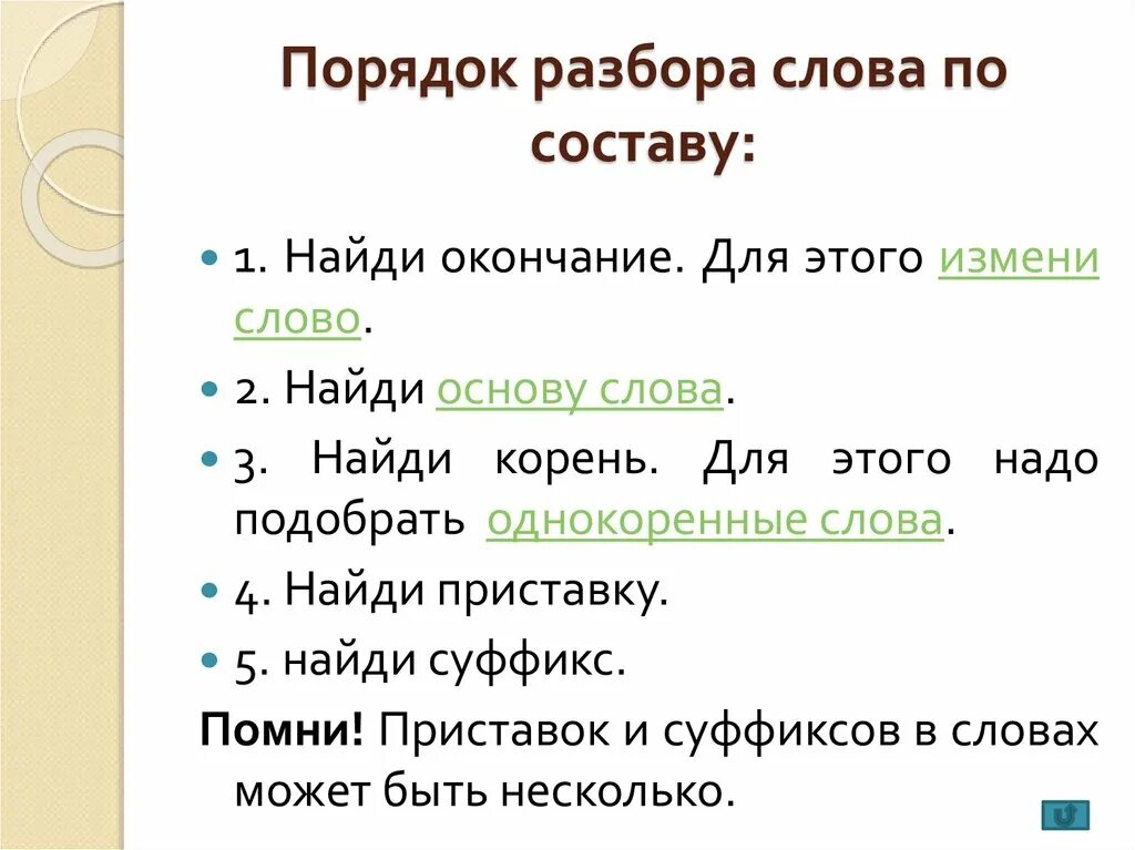 Приказ разбор слова 3. Порядок разбора слова. Порядок разбора по составу. Порядок разбора состава слова. Морфемный состав.