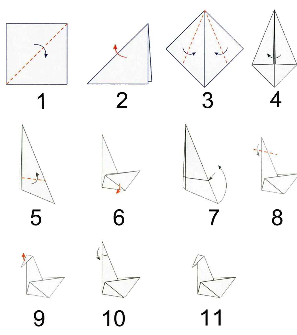 Оригами из бумаги лебедь пошаговая для ребёнка. Схема оригами Журавлик из бумаги простая. Журавлик оригами из бумаги пошагово для детей простой. Оригами из бумаги Журавлик схема для начинающих.