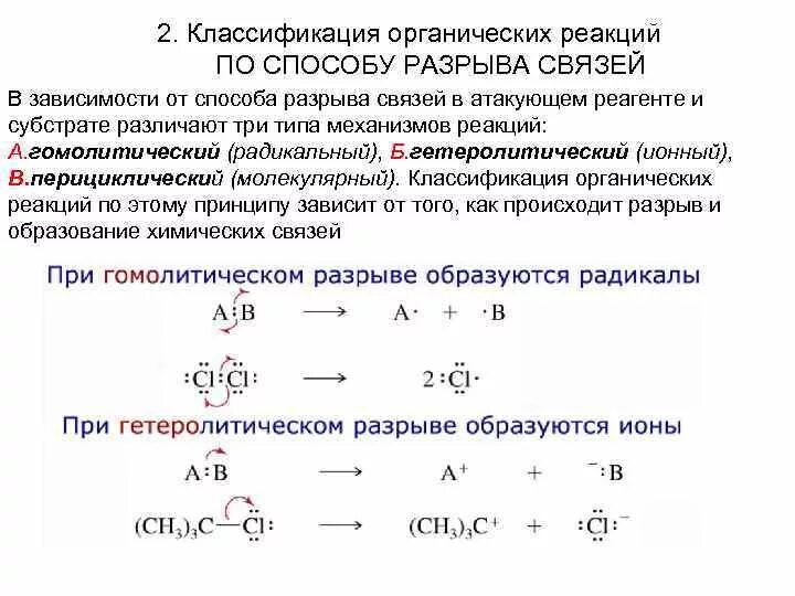 Реакция связи примеры. Классификация реакций органических соединений по механизму. Классификация органических реакций по типу превращения. Классификация органических реакций по характеру разрыва связи. Органические реакции по механизму разрыва связей.