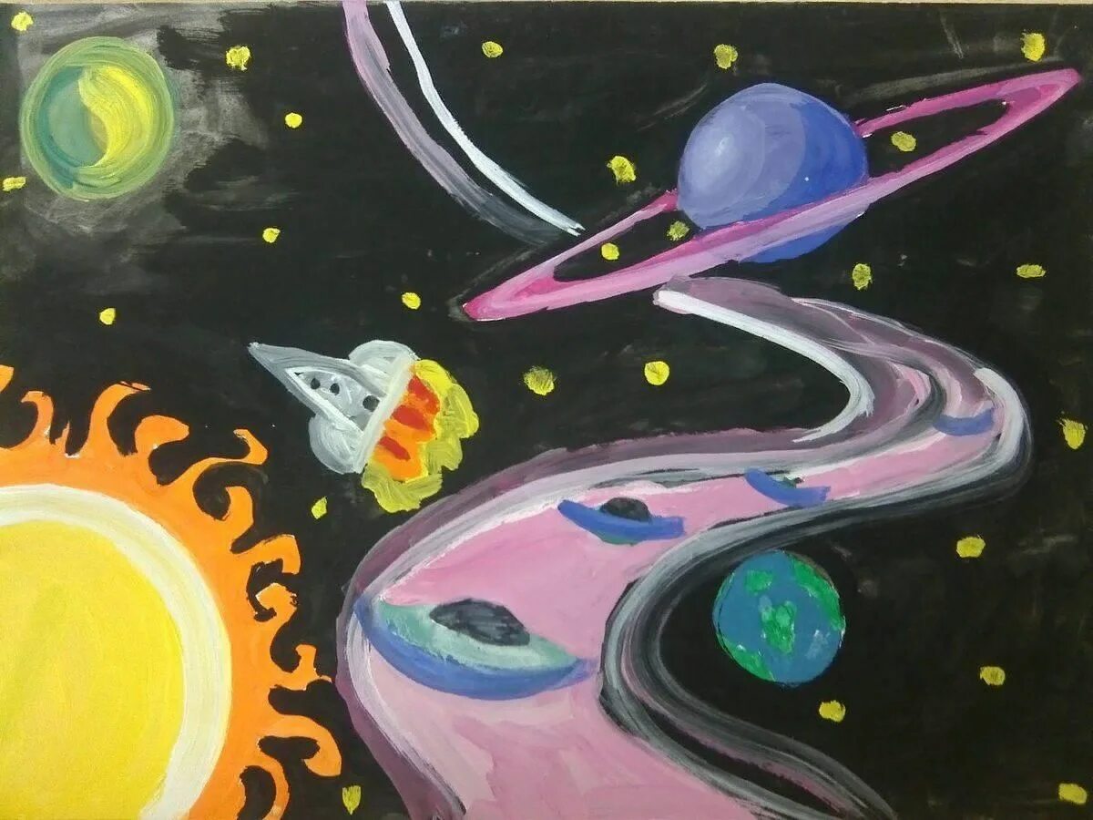 Изо 4 класс день космонавтики. Рисунок на тему космос. Рисунок на космическую тему. Детские рисунки на тему космос. Космический пейзаж.