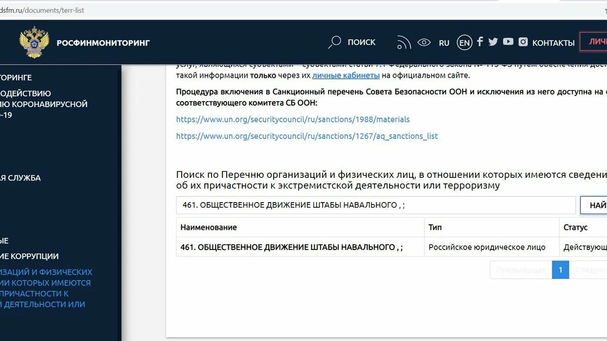Реестр террористов и экстремистов Росфинмониторинга. Навальный Росфинмониторинга. Штаб Навального. Черный список росфинмониторинга