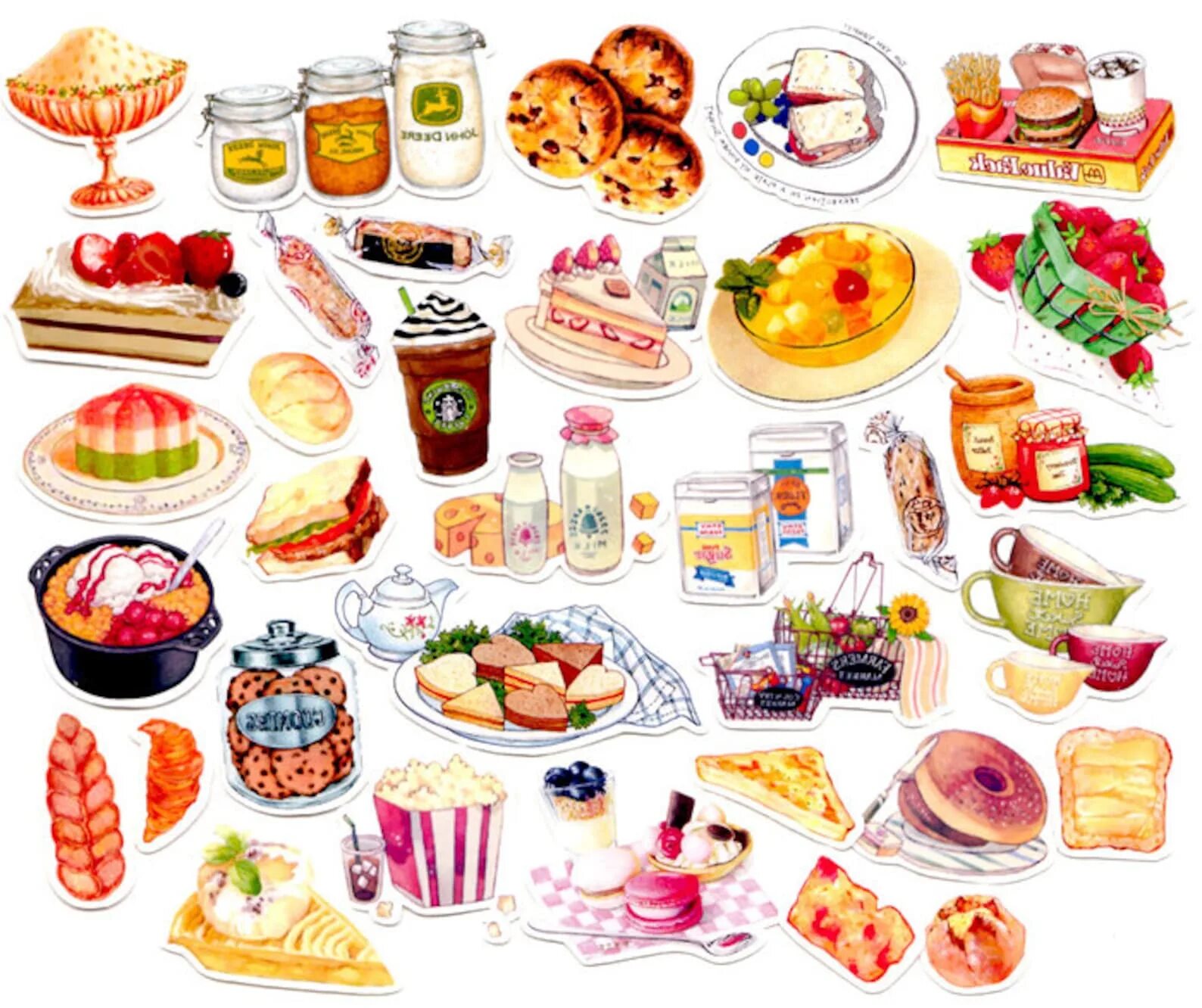 Много маленькой еды. Наклейки еда. Рисунки еды. Кулинарные Стикеры. Стикеры еда.
