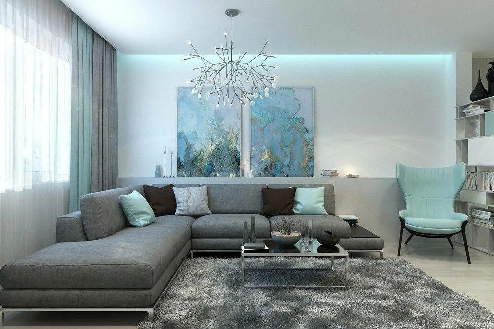 Интерьер гостиной в современном стиле диван бирюза Apartment for rent on Behance Decoracion de interiores salas, Diseño de interior