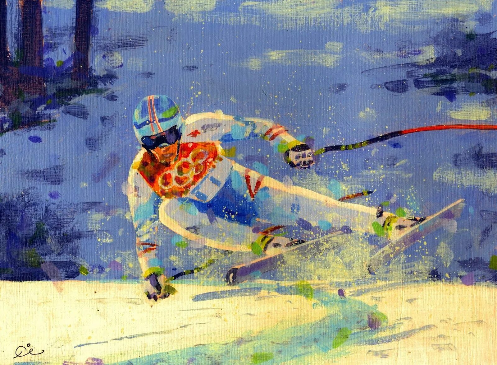 Картина лыжники. Стив Трейси лыжник картина. Горные лыжи живопись. Картина лыжи. Картина горнолыжник.