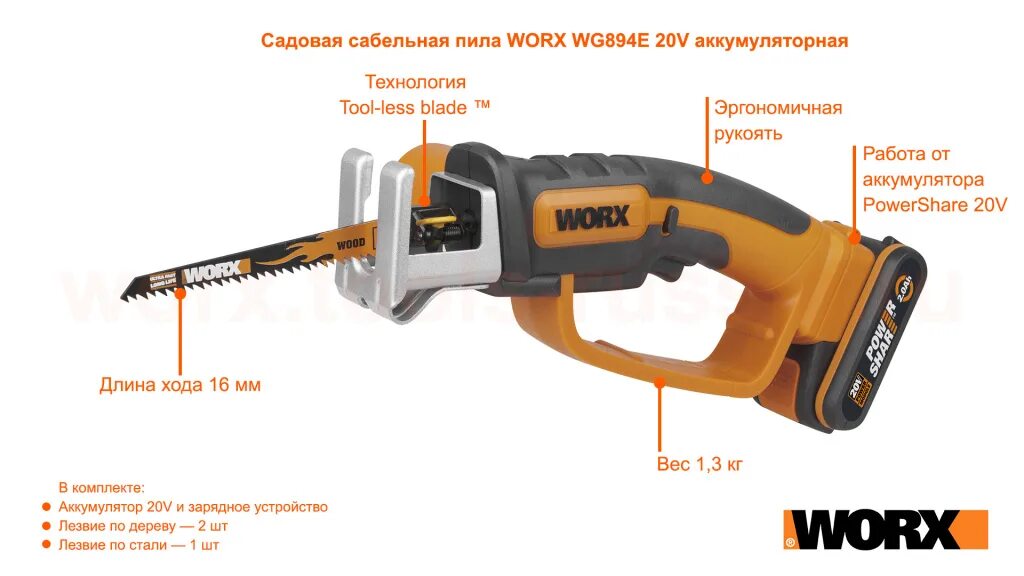 Садовая пила на аккумуляторе. Worx wg894e 20v. Пила аккумуляторная Worx wg894e.5, 20в, 16мм, 1*2,0 Ач и ЗУ. Садовая сабельная пила Worx wg894e.5 аккумуляторная 20v 16мм. Аккумуляторная бензопила Worx.