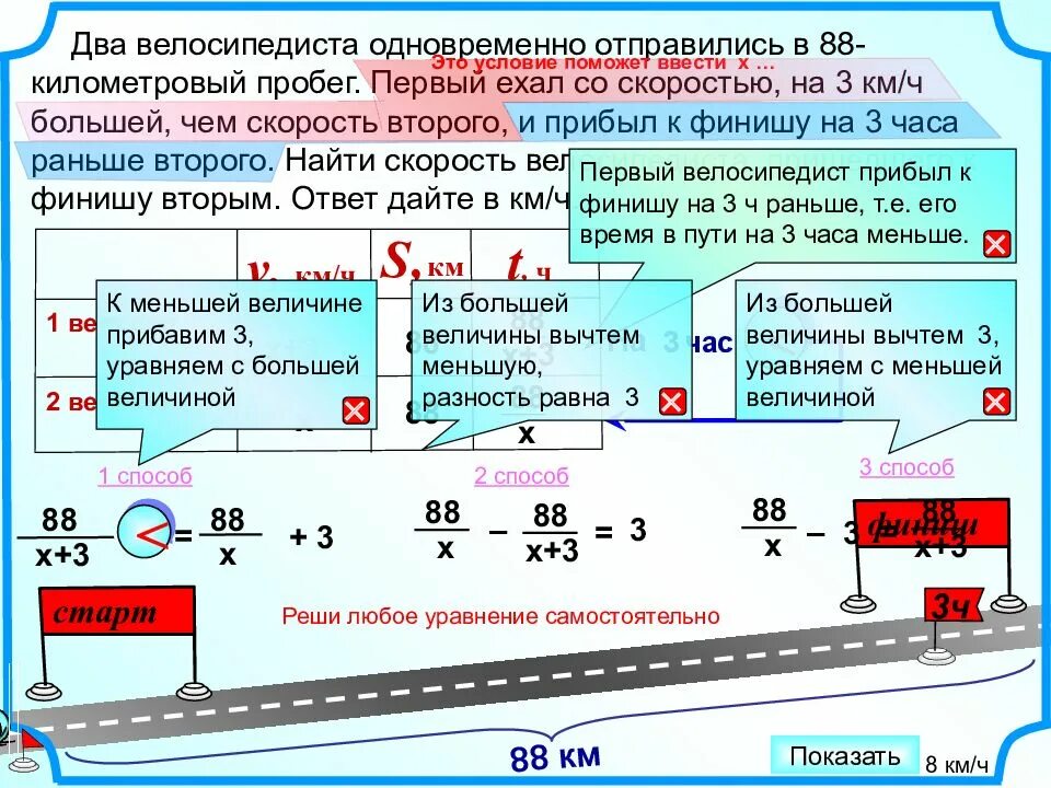 Два велосипедиста одновременно отправились. Задачи на движение по прямой. Первые 3 км велосипедист ехал со скоростью. Задачи на движение по прямой (навстречу и вдогонку).