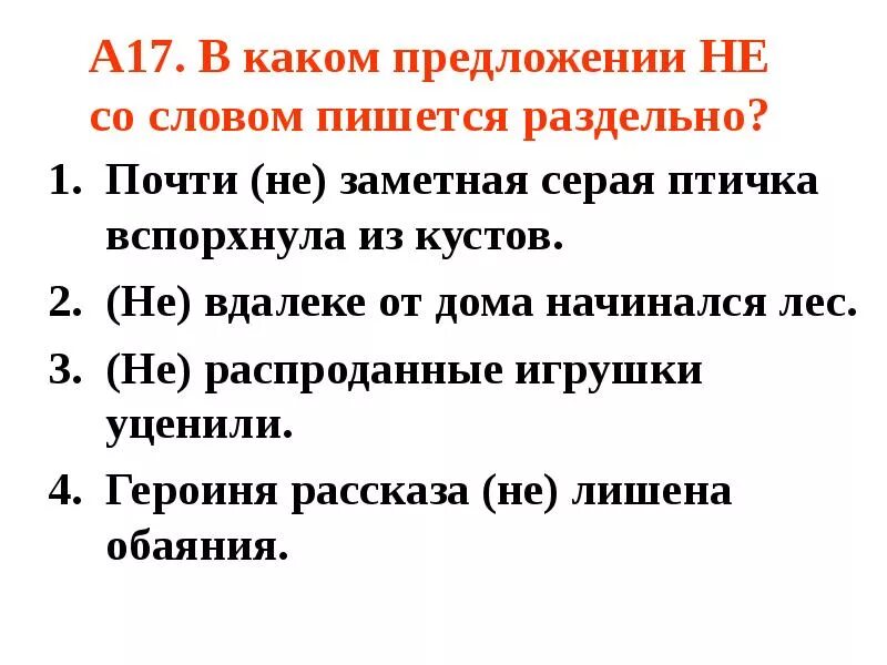 Не замеченная серая птичка выпорхнула из кустов. Предложение со словом почти. В каком предложениине со словом пишется раздельнро. Не со словом пишется раздельно в предложении. В каком предложении не со словом пишется раздельно.