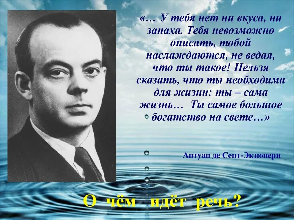 Что же поэт говорит о воде. Антуан де сент-Экзюпери высказывания о воде. Высказывания о воде. Экзюпери о воде высказывание. Высказывания поэтов о воде.