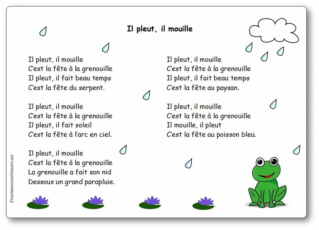 Est la fete. La grenouille стихотворение. Poesie с на французском. Pleut. Grenouille на французском.