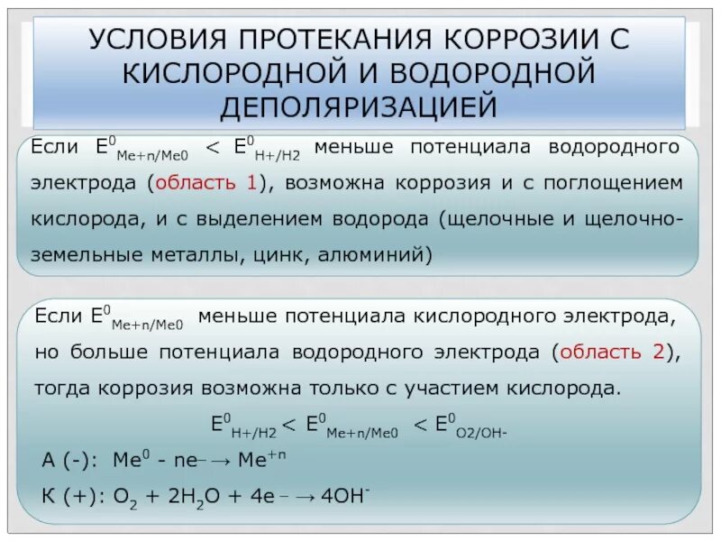 Условия протекания коррозии. Коррозия с водородной и кислородной деполяризацией. Условия коррозии с кислородной и водородной деполяризацией. Условия протекания коррозии металлов. Будет ли протекать реакция