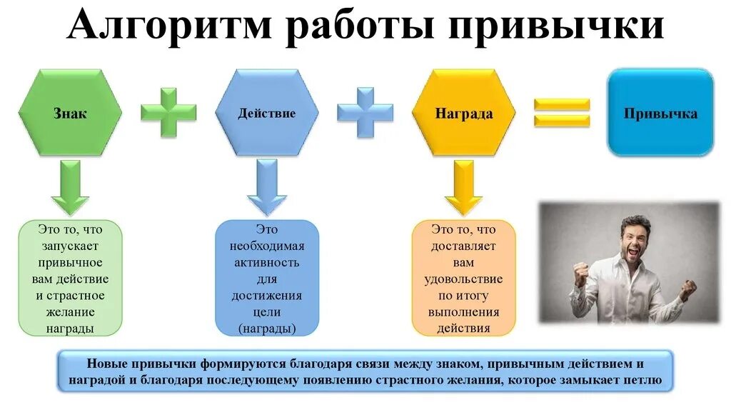 Алгоритм развития человека. Механизм формирования привычки. стадии формирования привычки. алгоритм формирования привычки. схемы выработки привычек.