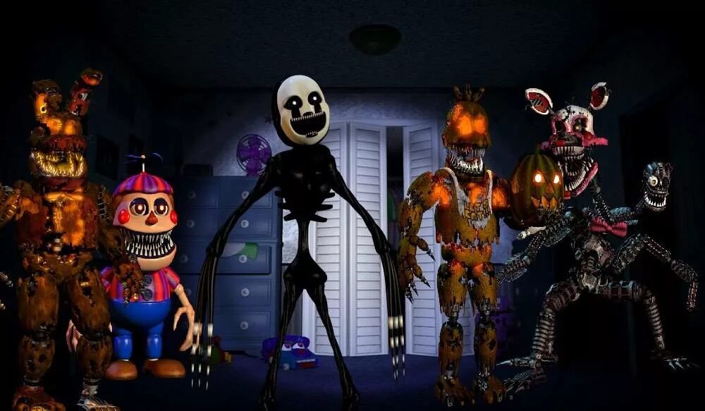 Кошмарные аниматроники из фнаф 4. Хэллоуинские АНИМАТРОНИКИ FNAF 4. ФНАФ 4 Хеллоунской версии. FNAF 4 АНИМАТРОНИКИ. ФНАФ 4 Хэллоуинская версия Бонни.