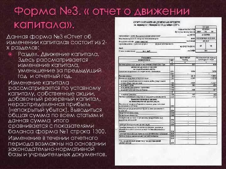 Анализ форм бухгалтерской финансовой отчетности. Форма 3 отчет об изменениях капитала пример заполнения. Отчет об изменении капитала состоит из 3 разделов. Отчета об изменении капитала и о движении денежных средств,. Отчет о движении капитала (форма №0710003.