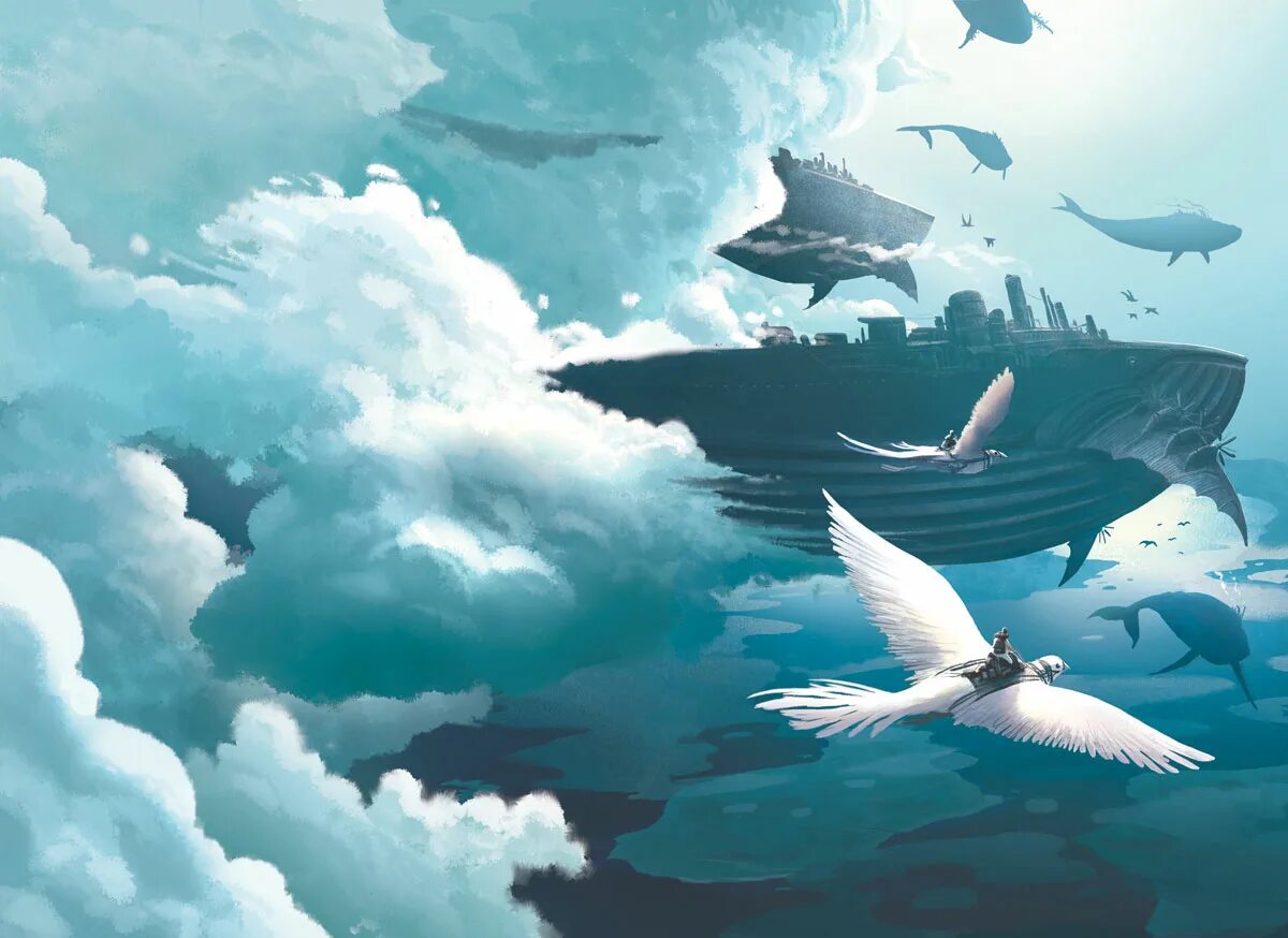 Птицы летающие под водой. Птицы в небе арт. Кит в небе арт. Птица в небе фэнтези. Летающий кит.