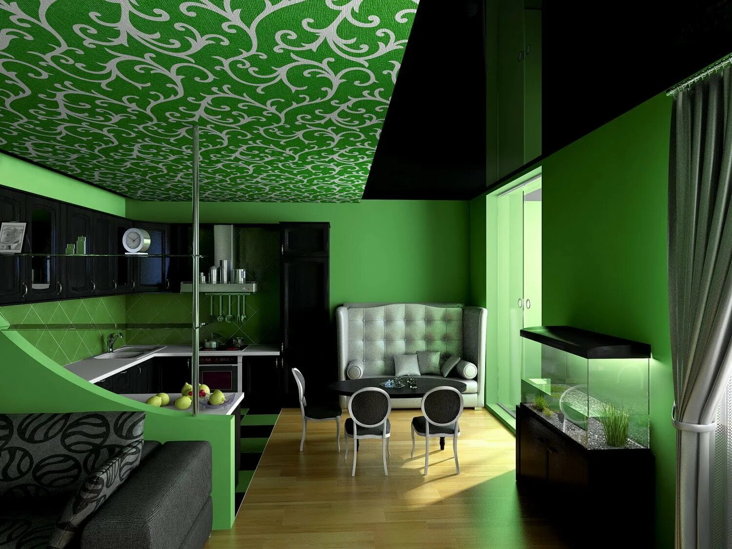 Зеленый цвет в интерьере. Салатовый натяжной потолок. Зеленый натяжной потолок в интерьере. Черно зеленый интерьер.