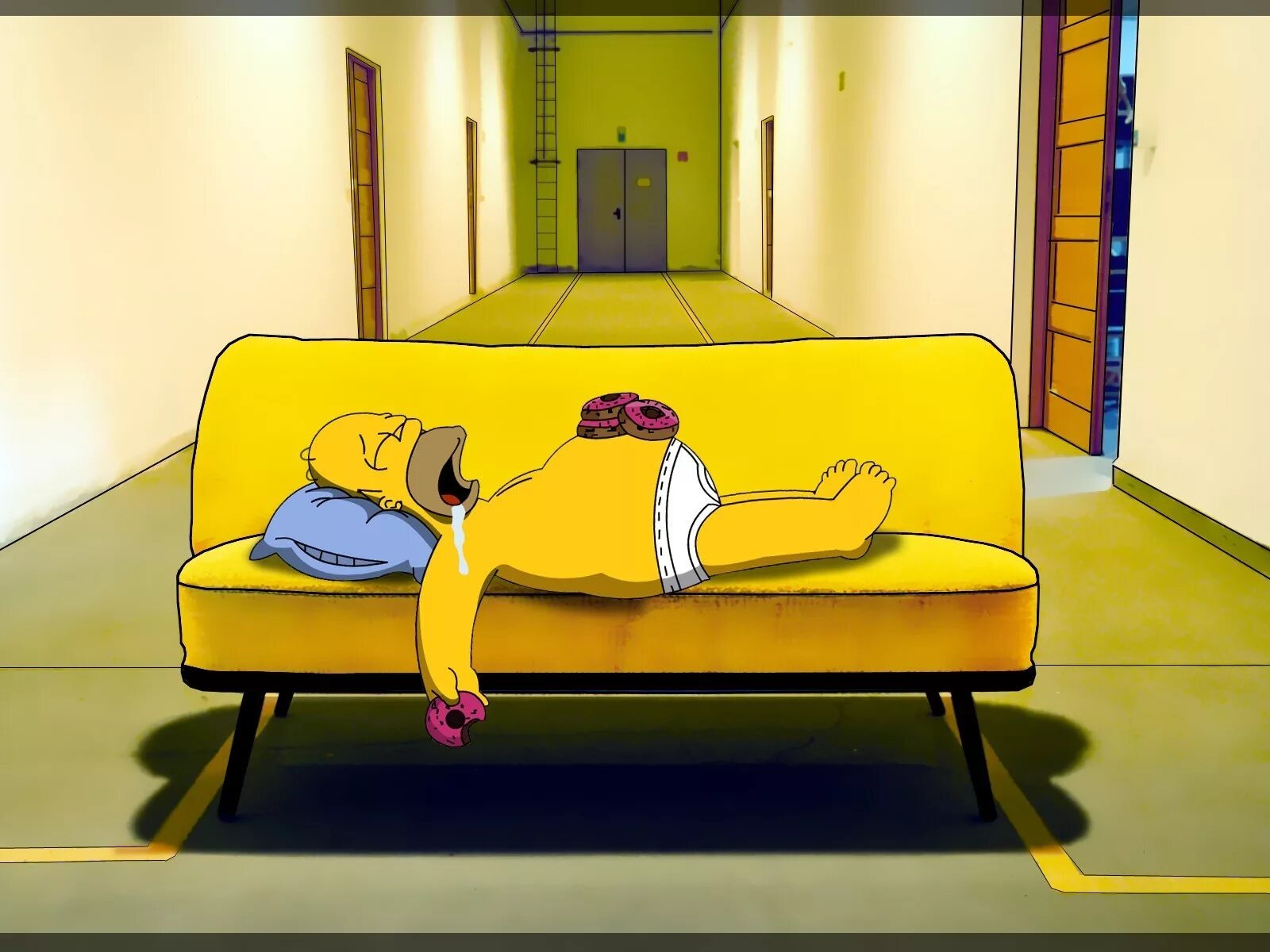 Я спал в соседней комнате. Гомер симпсон лентяй. Лень встать с дивана. Лежать на диване смешно.