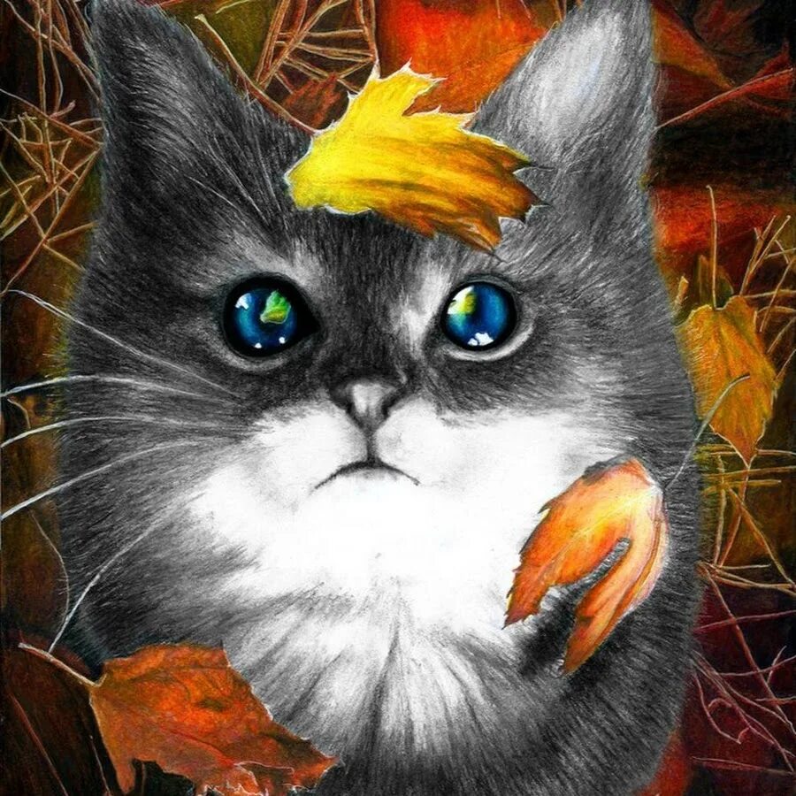 Кот с листочком. Кот и листья арт. Кот с кленовым листом. Кот осень. Кошки в живописи.