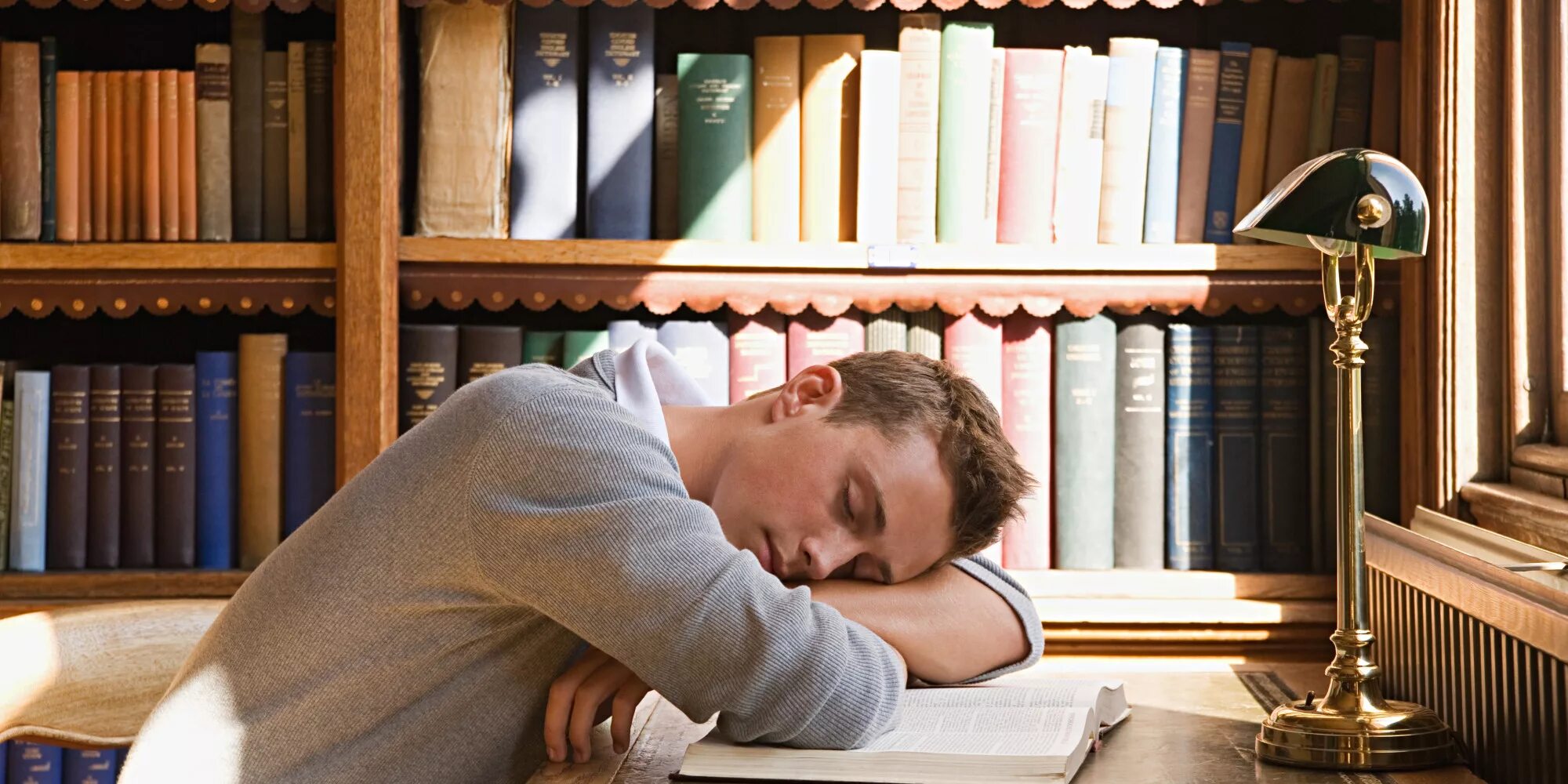 Уснул в библиотеке. Люди в читальном зале. Парень читатель.