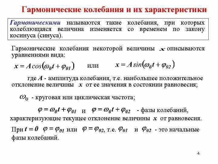 Определение гармонических колебаний. Гармонические колебания и их параметры. Характеристики гармонических колебаний. Уравнение гармонических колебаний и их характеристики. Гармонические колебания и их характеристики конспект.