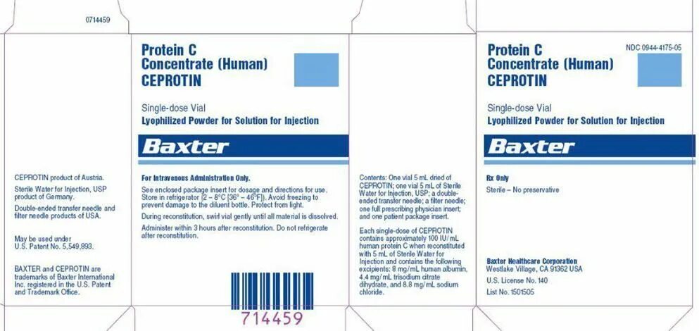 Этикетка для инъекций с голубой сигн полосой. Powder for solution for Injection. Baxter Healthcare. Protein, c 500 IU (Ceprotin). Each single