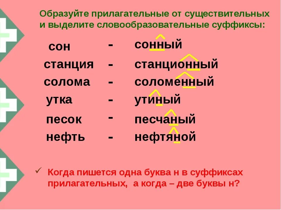 Существительное с 2 корнями и суффиксом. Существительные с суффиксом н. Прилагательные с суффиксом н. Прилагательные с суффиксом н+н. Суффикс н в глаголах.