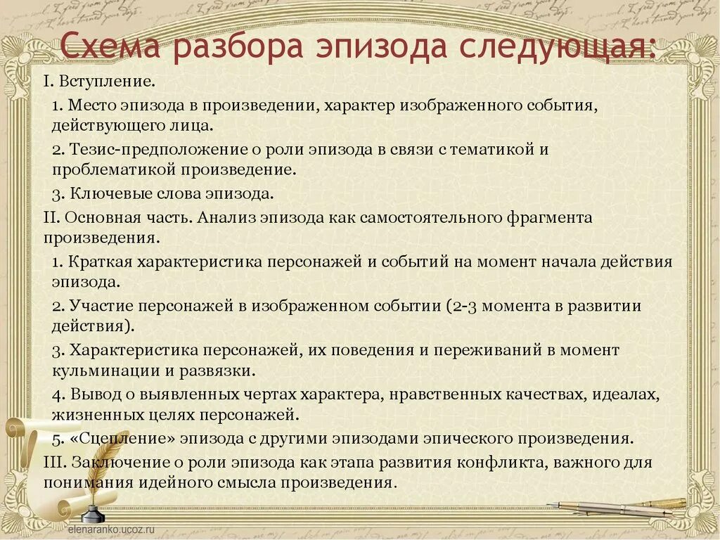 Использование части произведения. Место эпизода в произведении. Анализ эпизода. Роль эпизода в произведении. Анализ отрывка произведения.