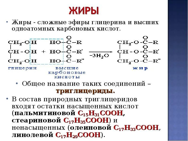 Пальмитиновая кислота и глицерин Синтез жиров. Жиры как сложные эфиры глицерина и карбоновых кислот. C17h35cooh карбоновая кислота. Реакция образования жира