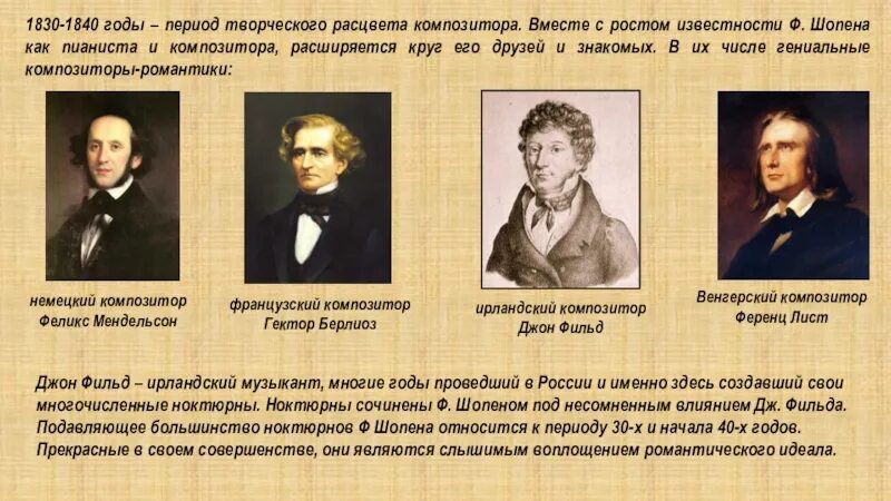 Шопен композитор. Композиторы ноктюрна. 1830-1840 Год. Жанры музыки Шопена.