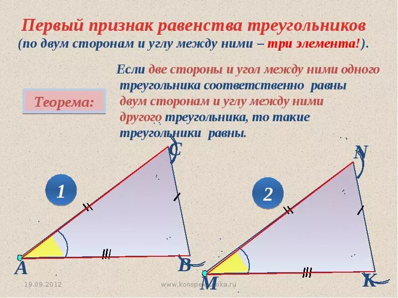 Первый признак равенства. 1 Признак равенства треугольников 7 класс. Первый признак равенства треугольников 7 кл. Геометрия 7 первый признак равенства треугольников. Геометрия 7 кл первый признак равенства треугольников.