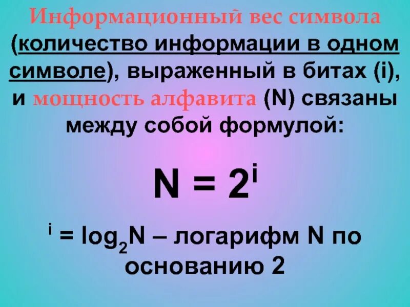 Информационный вес. Информационный вес символа. Информационный вес одного символа алфавита. Мощность алфавита и информационный вес символа. Количество символов в алфавите вычисляется по формуле