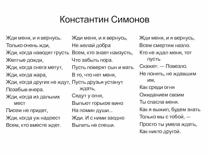 Симонова жди меня и я вернусь. Стих жди меня и я вернусь только очень. Жди когда других не ждут позабыв