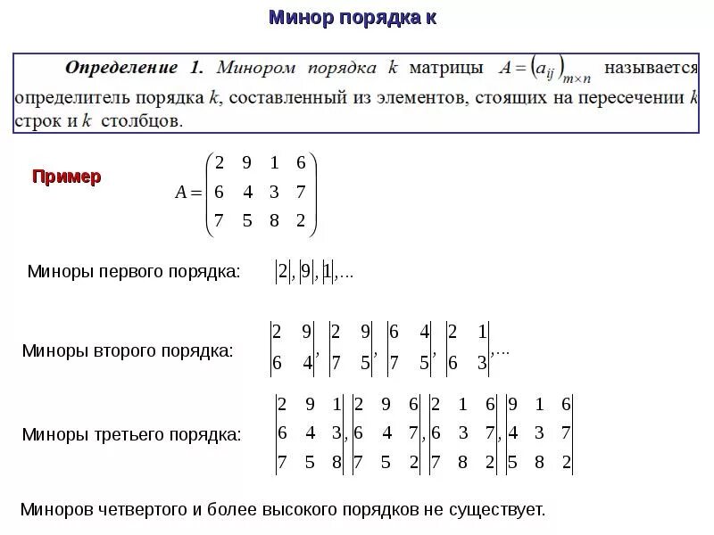 Минор 3 порядка. Миноры второго порядка матрицы пример. Минор неквадратной матрицы. Минор k порядка матрицы.