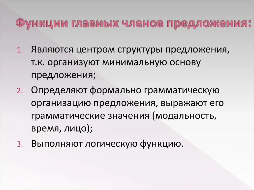 Функции предложения в русском. Функции главных членов предложения. Какова роль главных членов предложения. Минимальная структура предложения.