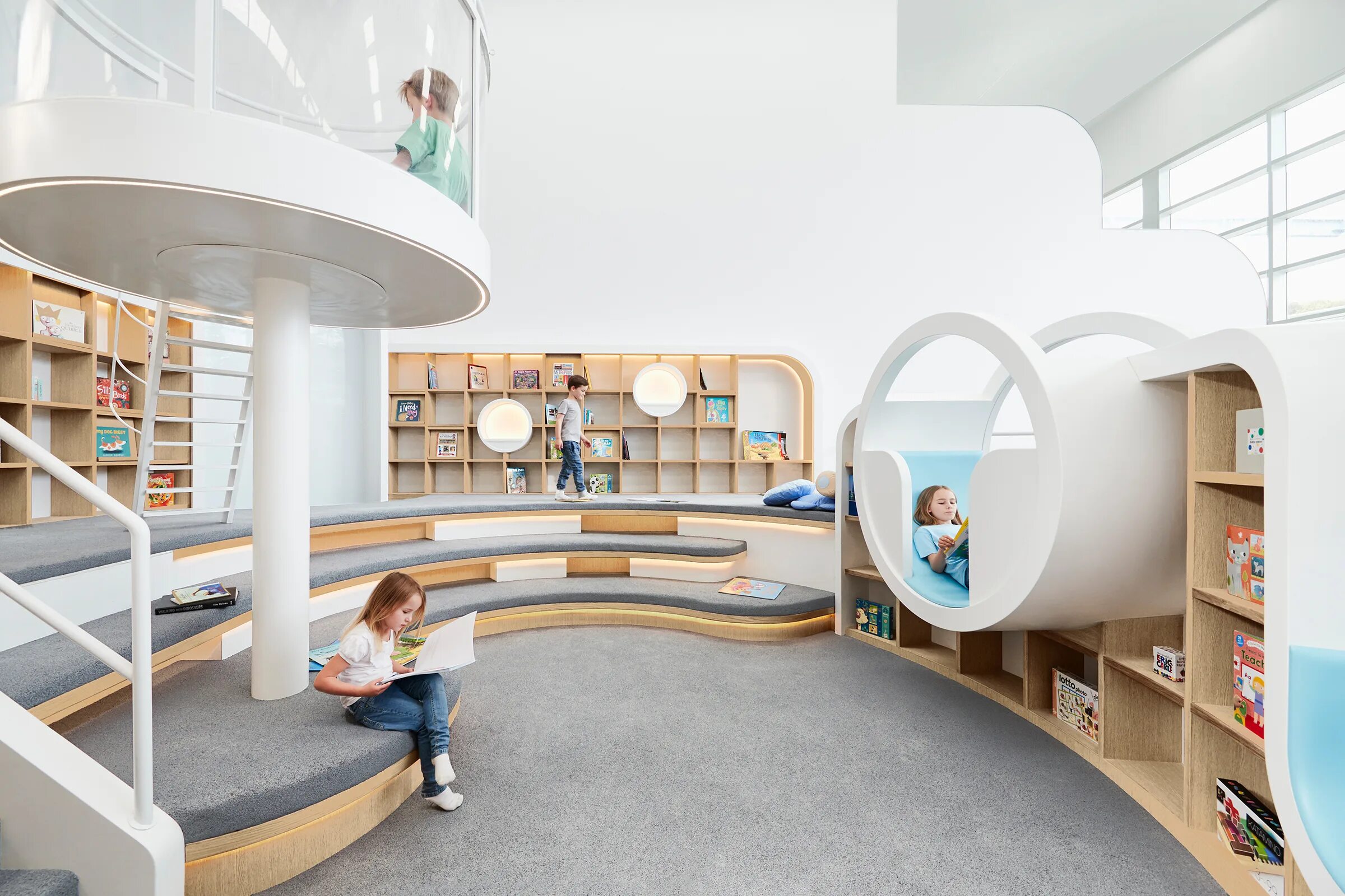 Второй этаж в школе. Детский образовательный центр «Nubo» в Сиднее. Необычный детский сад. Интерьер современной библиотеки. Современное пространство детского сада.
