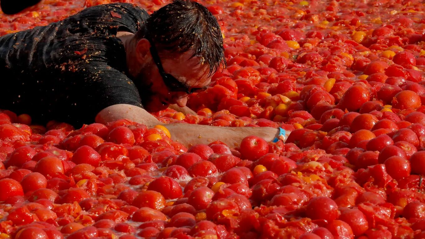 Битва томатов (la Tomatina) - Испания. La Tomatina – Томатина (битва томатов),. Битва томатами - фестиваль la Tomatina. Кидает помидор