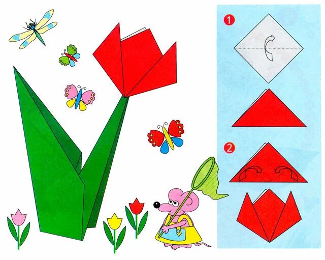 Поделки поэтапно 1 класс. Конструирование оригами тюльпан подготовительная группа. Конструирование тюльпан оригами старшая группа. Цветы в технике оригами для детей. Дети конструируют из бумаги.
