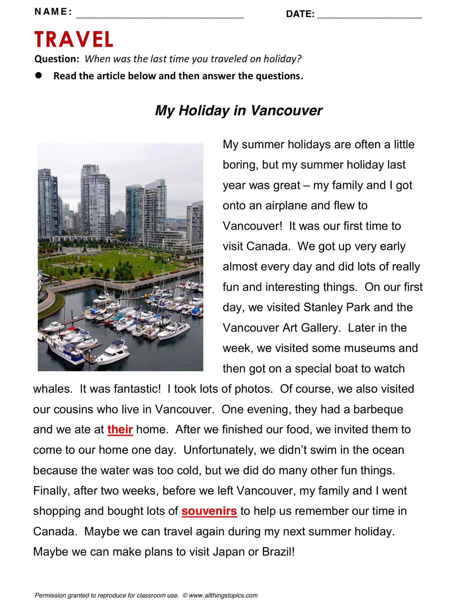 Travelling reading texts. My holiday in vancouver текст. travelling reading. allthingstopics travel. travelling reading elementary.