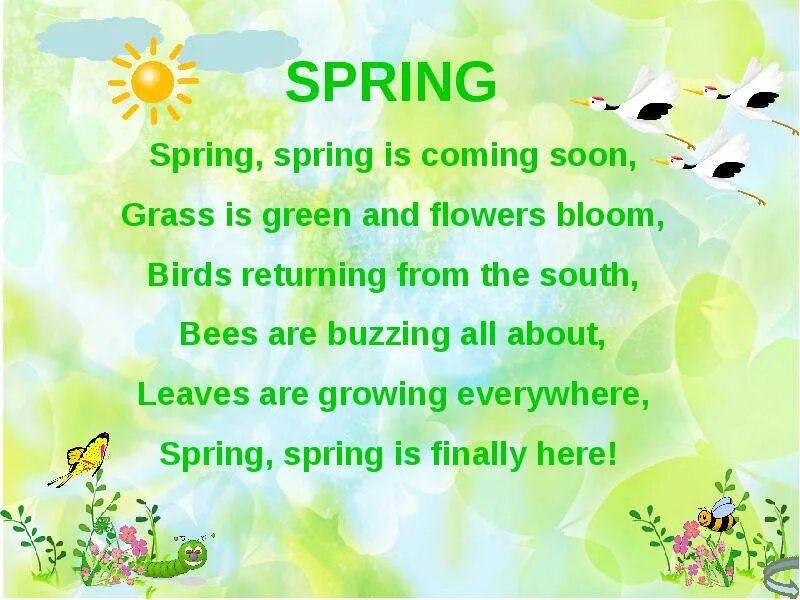 Spring comes перевод. Spring is Green стихотворение. Стих Seasons. Spring Spring is coming. Spring is coming Spring is coming стих.