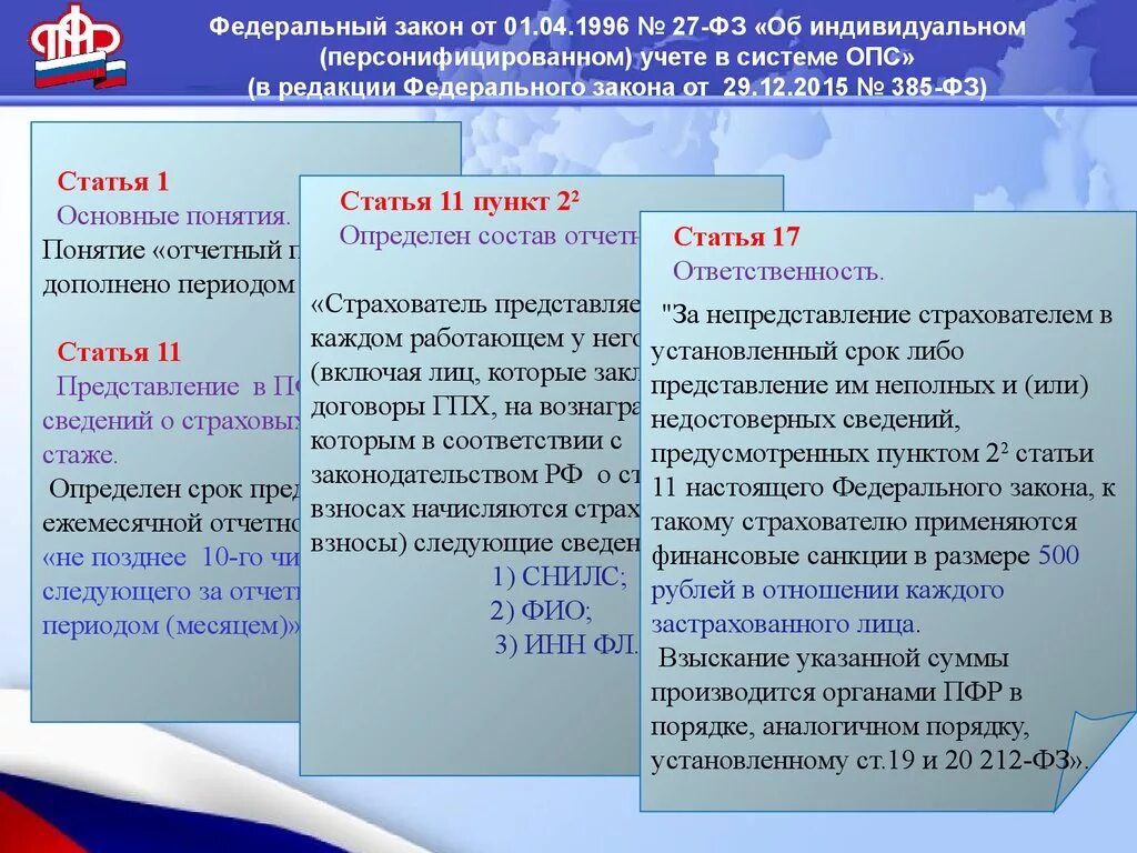 Фз пенсионное страхование 2001 г. Пенсионный фонд в системе обязательного пенсионного страхования. ФЗ об индивидуальном персонифицированном учете. Закона 27-ФЗ. 27 ФЗ об индивидуальном персонифицированном учете.