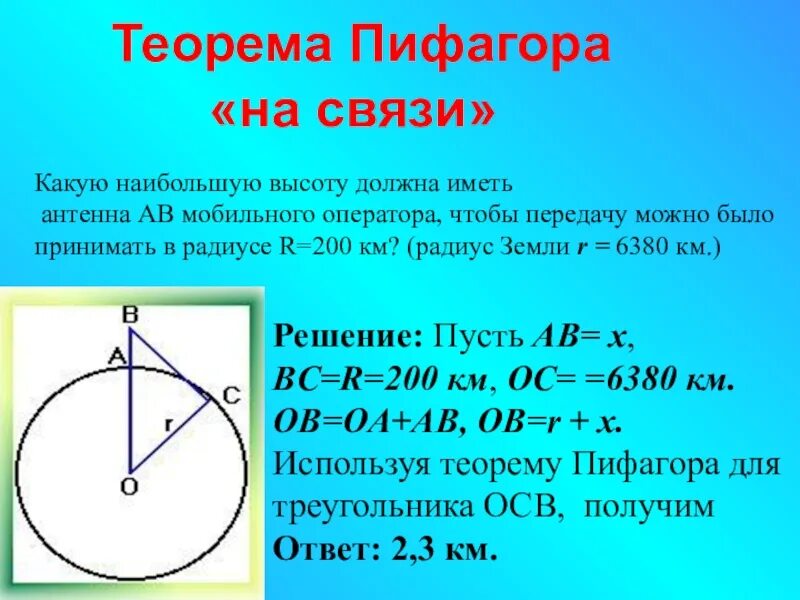 Теорема Пифагора теорема. Теорема Пифагора в мобильной связи. Практическое применение теоремы Пифагора в жизни. Какую наибольшую высоту должна иметь антенна мобильного оператора.