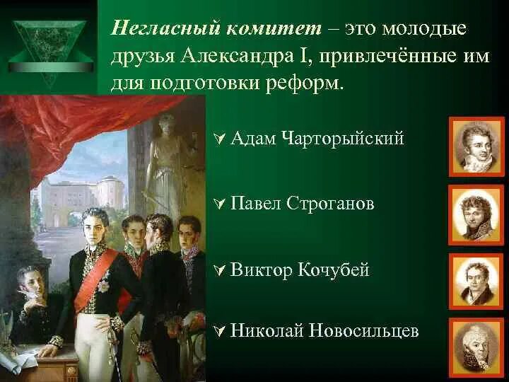 Неглайский комитет Александ 1. Строганов при Александре 1 негласный комитет. Чарторыйский негласный комитет.