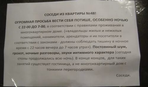 Соседка не дает спокойно жить. Соседи шумят в подъезде. Приспособление для шумных соседей. Предупреждение соседям о шуме. Обращение к шумным соседям.