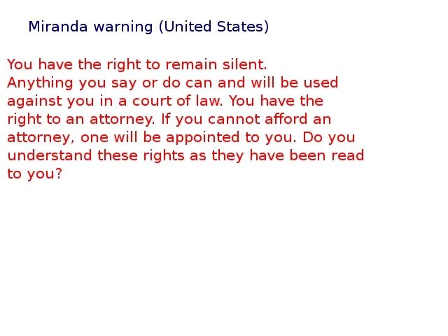 Предупреждение сша 48 часов. Miranda warning. предупреждение миранды. миранда текст. миранда текст на русском.