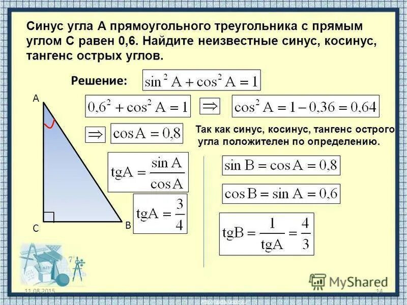 Как найти синус и косинус угла. Как найти синус. Синус угла в прямоугольном треугольнике. Как найти синус косинус и тангенс угла. Синус альфа 1 4 найти косинус