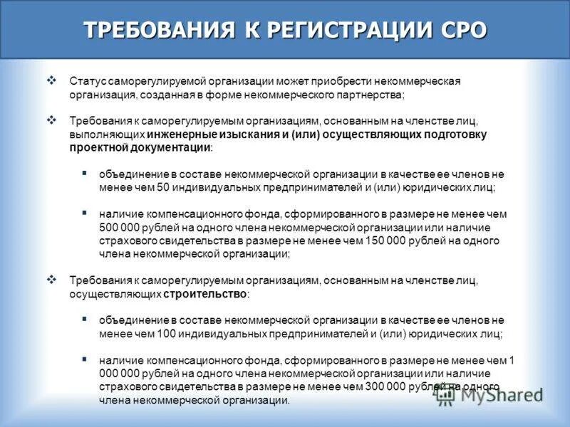 Понятие членство. Саморегулируемые организации (СРО). Для СРО требование к организации.